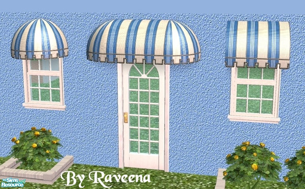 Sims 2 — Blue/White Stripe Awning by Raveena — You need Windkeeper's 4 mesh files if you want all the styles shown.