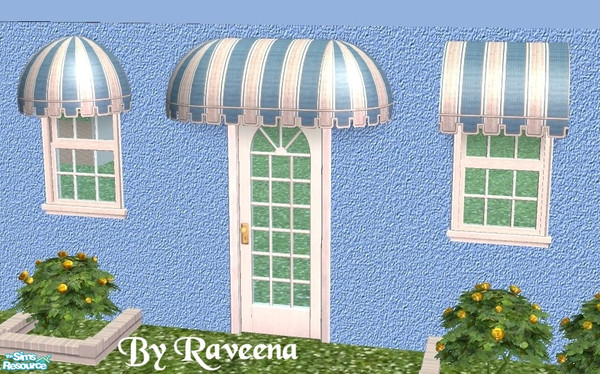 Sims 2 — Blue/Grey Stripe Awning by Raveena — You need Windkeeper's 4 mesh files if you want all the styles shown.
