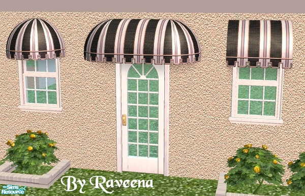 Sims 2 — Black/Red Stripe Awning by Raveena — You need Windkeeper's 4 mesh files if you want all the styles shown.