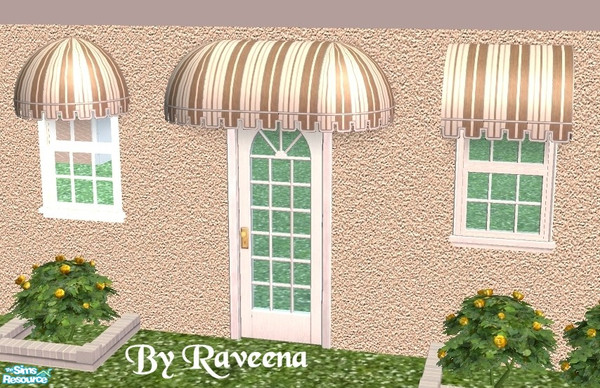 Sims 2 — Brown Stripe Awning by Raveena — You need Windkeeper's 4 mesh files if you want all the styles shown. Download