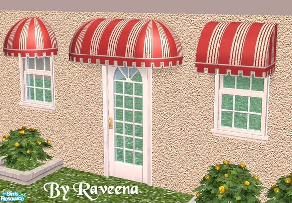 Sims 2 — Red Stripe 2-Tone Awning by Raveena — You need Windkeeper's 4 mesh files if you want all the styles shown.
