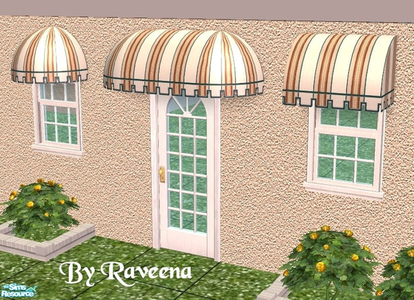 Sims 2 — Beige/Maroon Stripe Awning by Raveena — You need Windkeeper's 4 mesh files if you want all the styles shown.