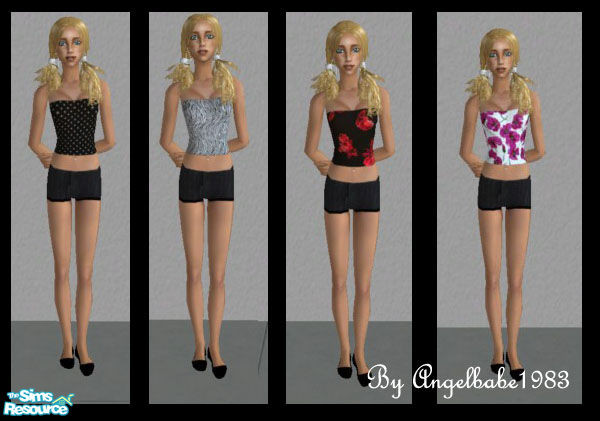 Sims 2 — Jaime Set by Angelbabe1983 — Here are 4 outfits for your Female Teen Sims. Pinstripe Mini Shorts with Tube Tops.