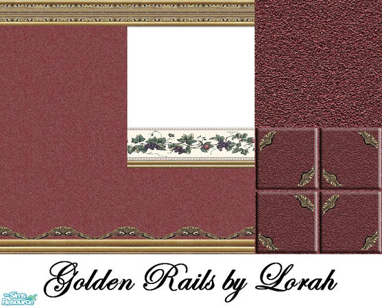Sims 2 — Golden Rails 10 by Lorah — Golden Rails 10 with maroon wallpaper, carpet and tiles.