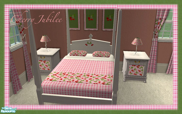 Sims 2 — Cherry Jubilee - Bed by HugeLunatic — A bedroom and small study area using the quaint collection from the base