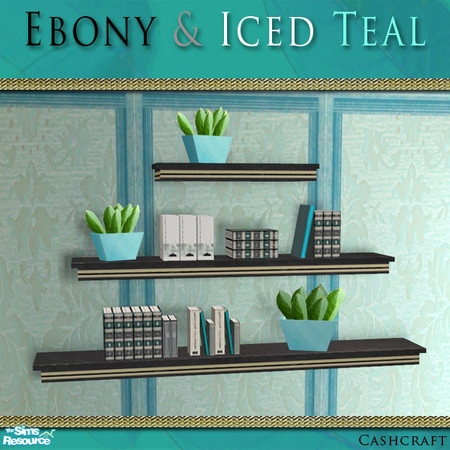 Sims 2 — Ebony & Iced Teal Wall Unit by Cashcraft — Set features ebony woods, gold trim, and the blue-green hues of