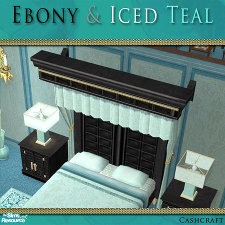 Sims 2 — Ebony & Iced Teal Canopy by Cashcraft — Set features ebony woods, gold trim, and the blue-green hues of iced