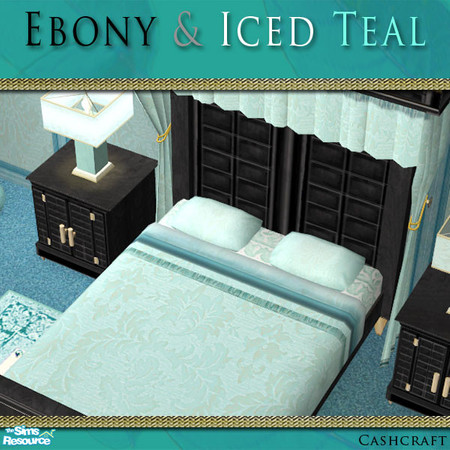 Sims 2 — Ebony & Iced Teal Bedding by Cashcraft — Set features ebony woods, gold trim, and the blue-green hues of
