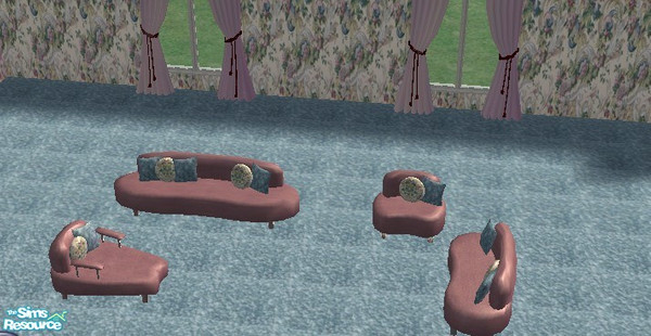 Sims 2 — Scroll Work Living Room seating by ead425 — set contains 1 wall, 1 floor, bookcase, coffee table and end tables,