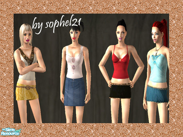 Sims 2 —  by TSR Archive — 4 tops in a different design. 3 of the skirts from the models are also from me. You can get