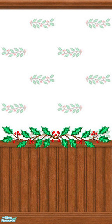 Sims 2 — TL - Walls Xmas Holly1 Half Edge by TabbyLou — Half Panel with edge on Christmas Wallpaper with Holly #1 in