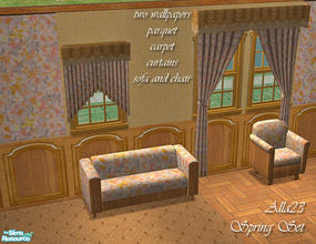 Sims 2 — Yellow Spring Set by Semitone — Walls, floor, curtains and simple furniture for living room. Good choice for
