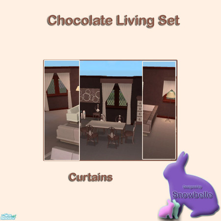 Sims 2 — Chocolate Curtains by Snowbelle — A lounge and dining set including sofa, table curtains, chair, rugs and