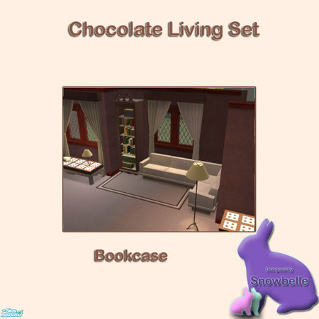 Sims 2 — Chocolate Bookcase by Snowbelle — A lounge and dining set including sofa, table curtains, chair, rugs and