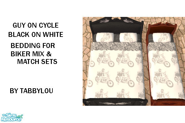 Sims 2 — TL-Biker Bedding Guy on Cycle BonW by TabbyLou — Guy on Cycle Bckgrnd black on white bedding ONLY. TSRAA Member.