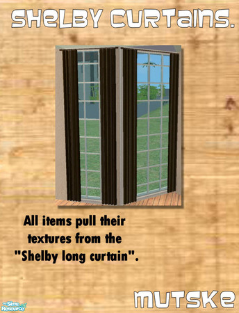 Sims 2 — Shelby Long Curtain by Mutske — New curtain set. Straight and diagonal meshes. All items use the texture from