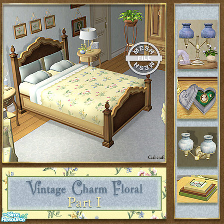 Sims 2 — Vintage Charm Floral - Bedframe Mesh by Cashcraft — Vintage Charm Floral Part I, features a sunny floral print