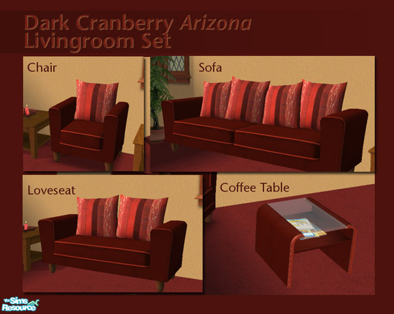Sims 2 — Dk Cranberry Arizona Livingroom Set by lmosca — A dark cranberry recolor of the Arizona Livingroom Set, with