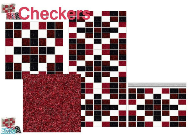 Sims 2 — Checkers by Lorah — Red, black and white tile set for kitchen or bath. King me!