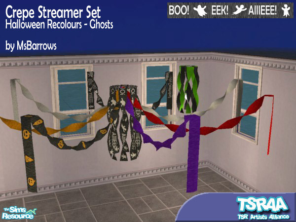 Sims 2 — MsB - Crepe Recolour - Ghosts by MsBarrows — Ghost patterned black crepe recolour for the Crepe Streamer Set.