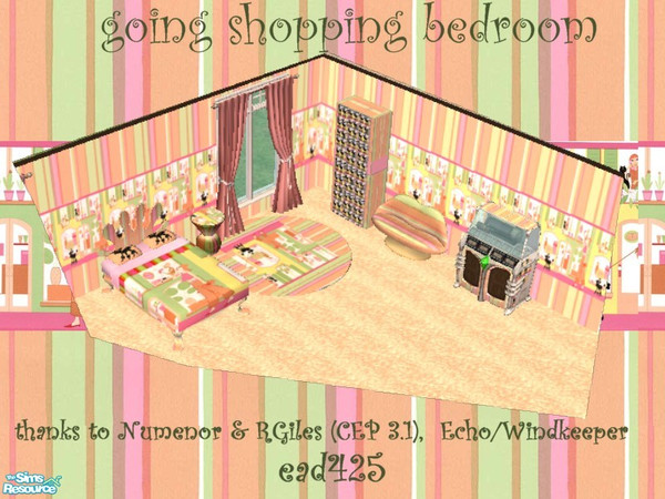 Sims 2 — Going Shopping Bedroom by ead425 — set contains 1 wall, 1 floor, bed, locker, rugset,love seat, juke box,end