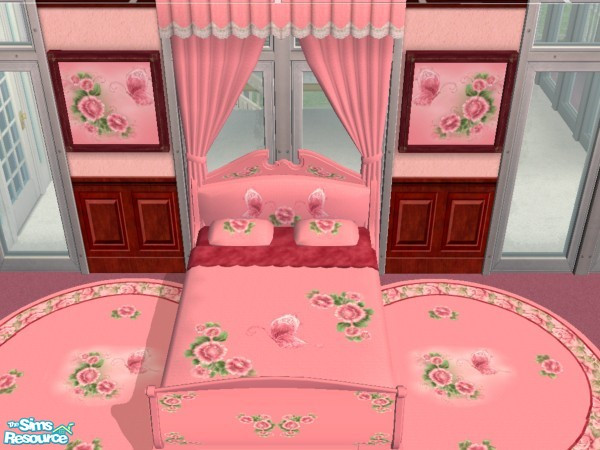 Sims 2 — Butterfly Pink Set by mysteriousgirl — Butterfly pink set includes Bedding, Curtians, Pictures, and a Rug.