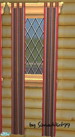 Sims 2 — Log Panel Curtains by Simaddict99 — striped curtains to match log furniture. NOTE: WDS curtain mesh required,
