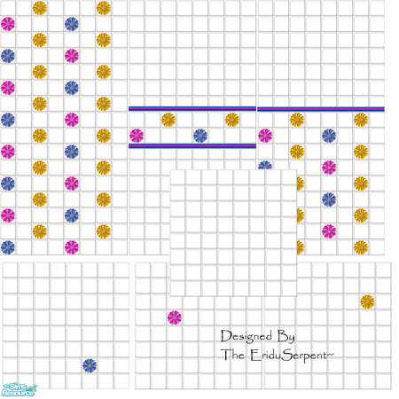 Sims 2 — Flower Bathroom Wall & Tile Set by eriduserpent — A white set adorned with pink, blue and yellow flowers.