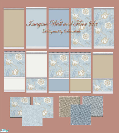 Sims 2 — IMAGINE - Wall and floor set by Snowbelle — Set of walls and floors with duck egg blue, beige and white floral
