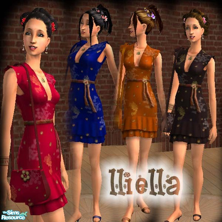 Sims 2 — Chinese Prints Dress & Bag Set by lliella — This set contains 4 richly colored Chinese prints dresses with