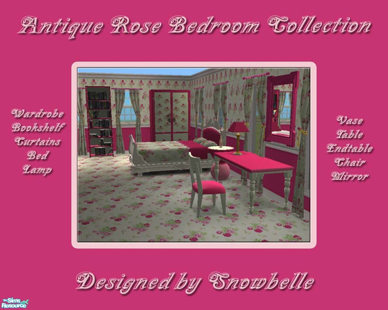 Sims 2 — Antique Rose White by Snowbelle — A bedroom set including wallpaper, floor, bed and tables. There is a pink