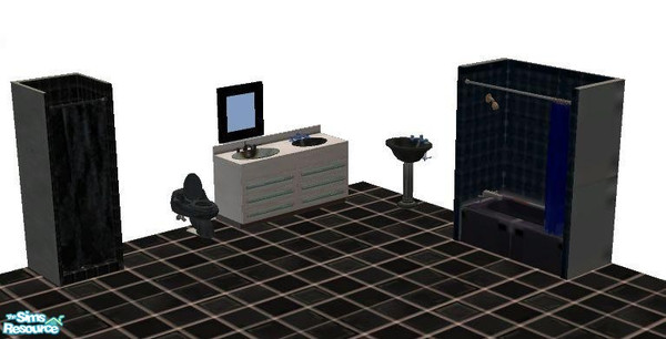 Sims 2 — Black Bath Set by Risu_Shikyo — Set includes: 2 countertop sinks, 1 pedestal sink, 1 toilet, 1 shower, 1