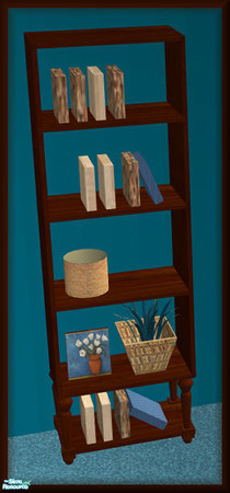 Sims 2 — NK Country Living Dusk - Bookcase by MoMama — A teak wood bookcase with a wealth of deco items.