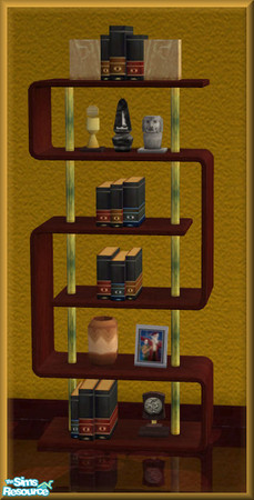 Sims 2 — NK TC54 Bedroom - Bookcase by MoMama — A bookcase of deep, dark red wood with green and gold metal poles.