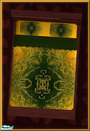 Sims 2 — NK TC54 Bedroom - Bedding by MoMama — A green and gold quilt covers a gold mattress and dark green sheet and is