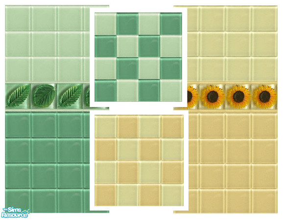 Sims 2 — Glossy  by Mekhi — Two versions of glossy, glass tiles - with leaves and sunflowers. Enjoy! 