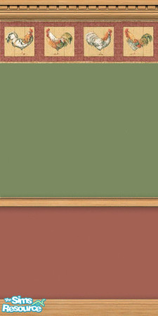 Sims 2 — Kitchen Collection by Snowbelle — Kitchen wallpapers featuring cockerel and apple borders. main colours are red,