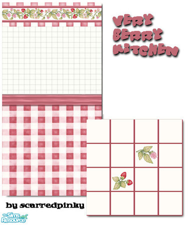 Sims 2 — Very Berry Kitchen Set by scarredpinky — A nice country strawberry wall & floor for the kitchen.