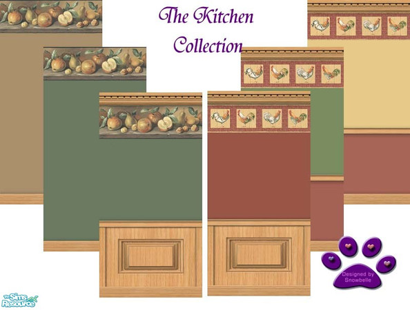 Sims 2 — Kitchen Collection by Snowbelle — Kitchen wallpapers featuring cockerel and apple borders. main colours are red,