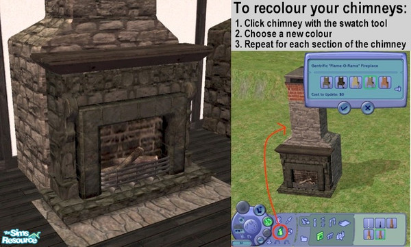 Sims 2 — Stone Fireplace Wood Mantle, Maxis stone by Cyclonesue — TO RECOLOUR CHIMNEYS: use the SWATCH tool (the tool you