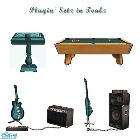 Sims 2 — Playin' Setz in Tealz by iwubu — Bass, Guitar, Pool Table Felt and Chess board ... all colored to match the
