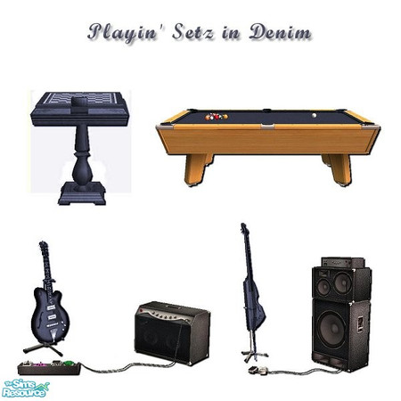 Sims 2 — Playin' Setz in Denim by iwubu — Bass, Guitar, Pool Table Felt and Chess board ... all colored to match the