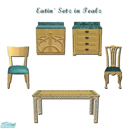 Sims 2 — Eatin' Setz in Tealz by iwubu — Hand poured counter tops, hand woven chair cushions and a hand painted table in