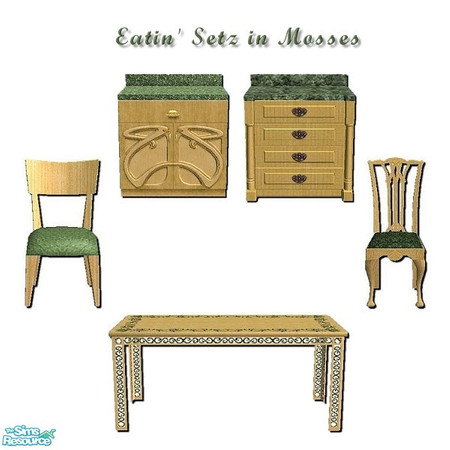 Sims 2 — Eatin' Setz in Mosses by iwubu — Hand poured counter tops, hand woven chair cushions and a hand painted table in