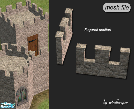 Sims 2 — Castle wall top diagonal by Windkeeper — Diagonal unit. Requires "moveobjects on" cheatcode for