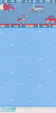 Sims 2 — Transport by Snowbelle — Blue wallpaper adn border set featuring cars, bikes and a cement mixer! Suitable for a