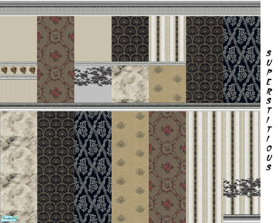Sims 2 — Superstitious by Lorah — 14 somber, yet showy walls in grays and other obscured colors. May look nice in a