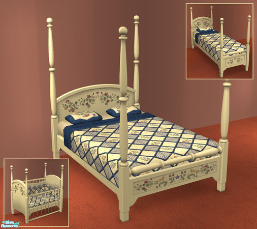 Sims 2 — Butterfly Dreams Bedframe by ImmeK — A cream-coloured fourposter bedframe decorated with flowers and butterflies
