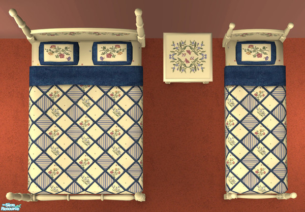 Sims 2 — Butterfly Dreams Bedding by ImmeK — A comfortable patchwork bedding in shades of blue and cream based on a