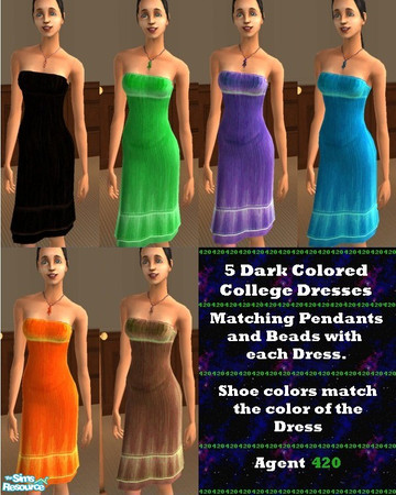 Sims 2 — 6 Dark Colored College Dresses by Agent420 — A group of 6 very colorful dark dresses. Each has a Matching pair